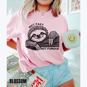 May include: Pink t-shirt with a black and white illustration of a sloth on a branch. The text "NOT FAST NOT FURIOUS" is printed below the sloth.