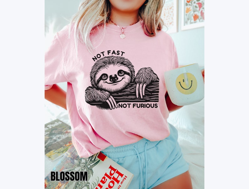 May include: Pink t-shirt with a black and white illustration of a sloth on a branch. The text "NOT FAST NOT FURIOUS" is printed below the sloth.