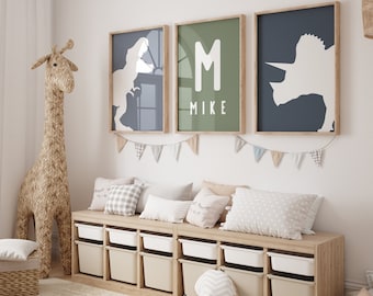 Set Of 3 Personalized Dinosaur Prints, T-Rex Print, Triceratops Poster, Dinosaur Wall Decor, Baby Boy Decor, Nursery Dino Art, Kids Room Art