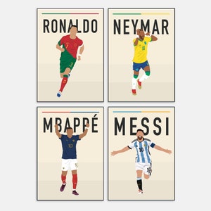 Messi Ronaldo Mbappé Neymar Poster Set imprimible Copa del mundo, cartel de fútbol de cabras minimalista, arte de pared de estrellas de fútbol, decoración de fútbol retro