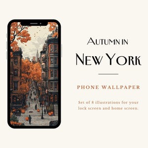 8 Autumn Phone Wallpapers, Halloween Illustrations, Fall Pumpkin Aesthetic, Trendy New York Phone Lock Screen, iOS Wallpaper Bundle