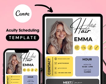 May include: A mobile phone screen displaying a template for an online appointment scheduling service. The template features a yellow and black color scheme with a photo of a woman with long blonde hair. The text "Artist Hair Emma" is displayed in a handwritten font. The template includes contact information, business hours, and a "Meet Emma" section with a brief description of the business.