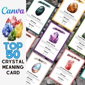 50 tarjetas con significados de cristales de acuarela editables, tarjetas con significados de piedras preciosas imprimibles, tarjetas de cristales con significados de piedras, tarjetas digitales