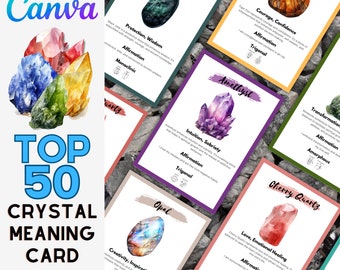 May include: A set of 10 printable cards featuring watercolor illustrations of different crystals with their names, properties, and affirmations. The cards are designed with a purple, yellow, and white color scheme and have a rustic background.