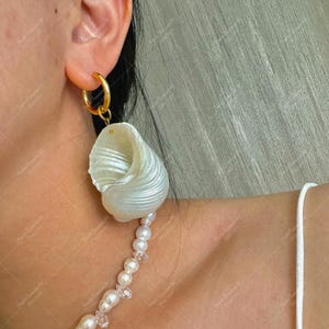 Natural Pearl and Shell Earrings | Real Seashell Drop Earring | Gold Hoop Pearl Statement Earring | Coastal Jewelry for Beach Wedding Gift