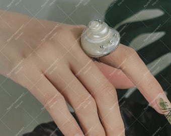 White Seashell Statement Ring: Adjustable Boho Beach Jewelry