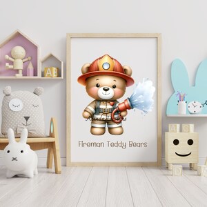 May include: A brown teddy bear dressed as a firefighter, wearing a red helmet and holding a hose with water spraying out. The text "Fireman Teddy Bears" is below the bear.