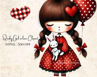 Quirky Girl in Love Clipart, Romantic Illustrations, Valentine’s Cards, Valentine’s Clipart, DIY Journal, Invitations, Scrapbooking, Crafts