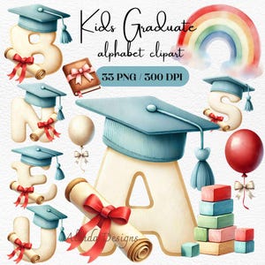 Imágenes prediseñadas del alfabeto de graduación, letras de graduación para niños de la A a la Z PNG, graduación de jardín de infantes o preescolar, decoraciones de la clase de 2025, decoración para fiestas