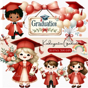 Clipart de graduación de jardín de infantes, lindos niños con toga y birrete para preescolar, invitaciones para fiestas, camisetas y regalos de graduación.