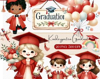 Puede incluir: Un conjunto de ilustraciones digitales con niños con birretes y togas rojas, globos, un letrero de madera con el texto Graduation, un lápiz, un arcoíris y el texto Kindergarten Graduation 20 PNG 300 DPI.