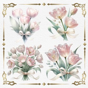 Sweet Pink Tulips Watercolor Clipart, Elegant Vintage Floral Elements for Invitations, Branding & DIY Crafts, DIY Craft, For Home Decoration