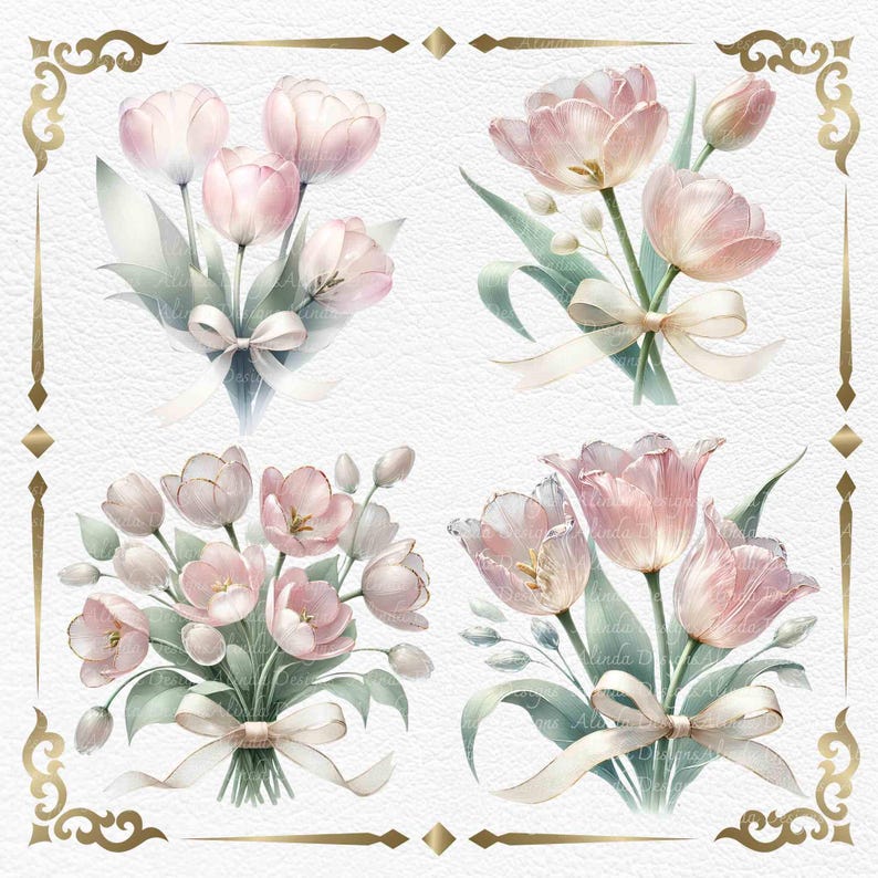Sweet Pink Tulips Watercolor Clipart, Elegant Vintage Floral Elements for Invitations, Branding & DIY Crafts, DIY Craft, For Home Decoration