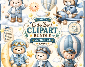 Aviator Teddy Bear Clipart Bundle PNG, Hot Air Balloon, Digital Download