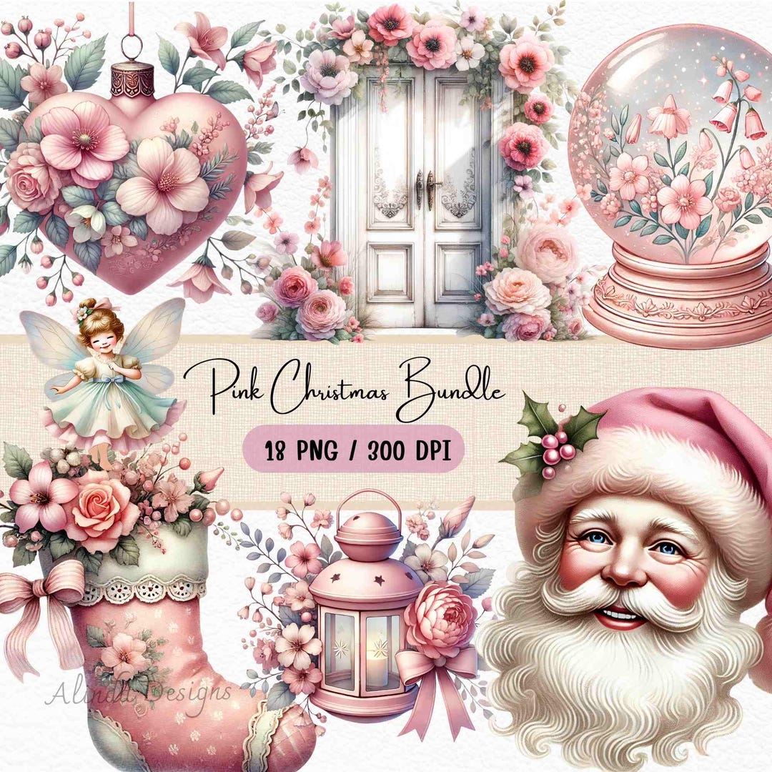 Watercolor Pink Christmas Clipart Bundle: Pastel Holiday PNG (digital ...