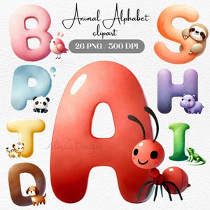 Animal Alphabet Clipart, Cute Watercolor Letters with Animals, 26 PNGs, Perfect for Kids' Learning, Nursery Decor, and DIY Crafts, Birthday