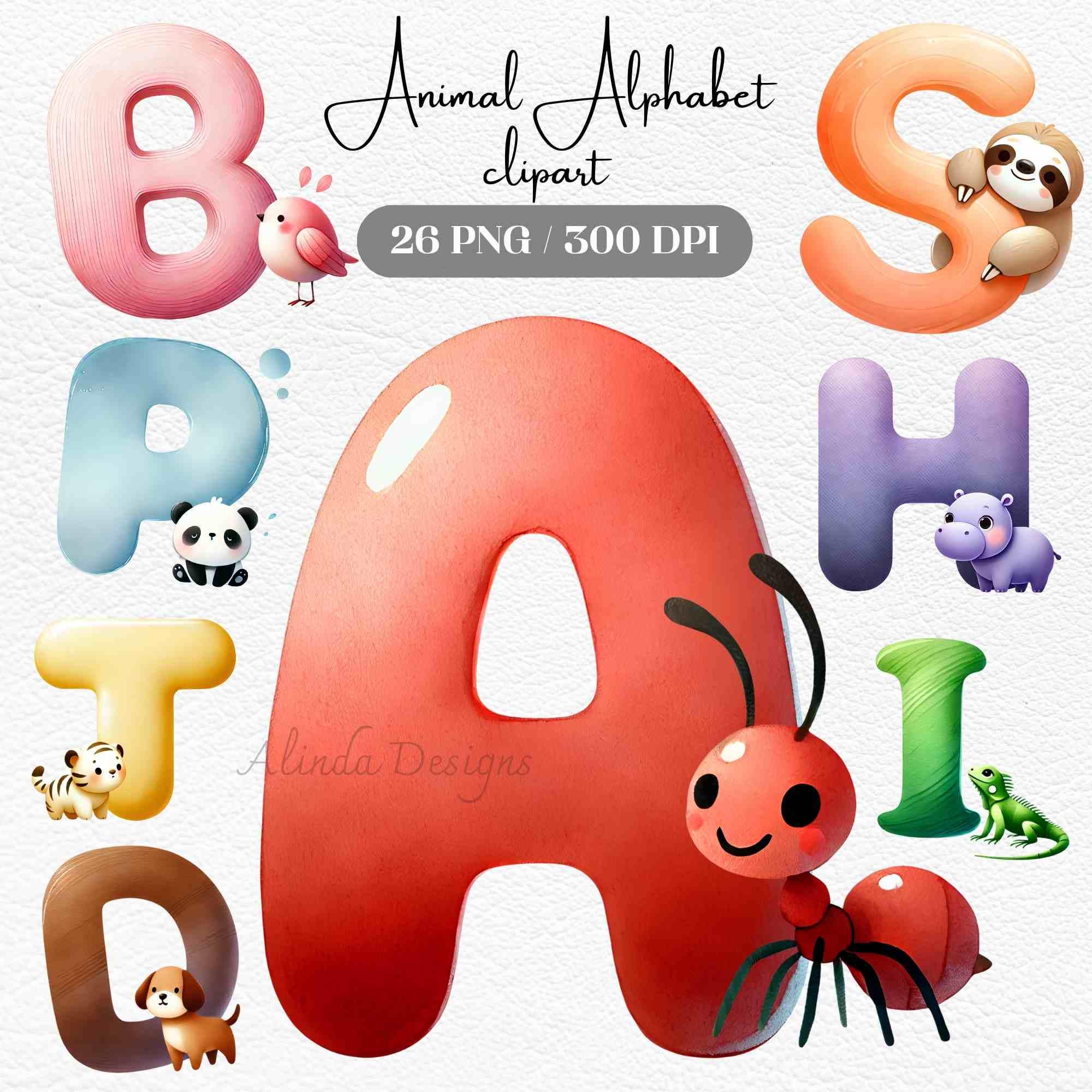 Animal Alphabet Clipart, Cute Watercolor Letters with Animals, 26 PNGs, Perfect for Kids' Learning, Nursery Decor, and DIY Crafts, Birthday