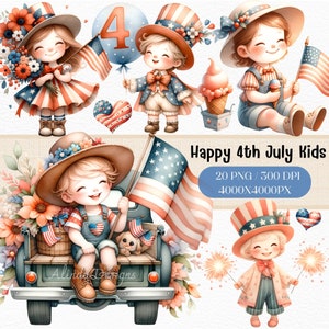 Feliz 4 de julio Kid Clipart, Descarga digital patriótica, Gráficos lindos para niños del Día de la Independencia, Arte imprimible rojo, blanco y azul, Fiesta de bricolaje