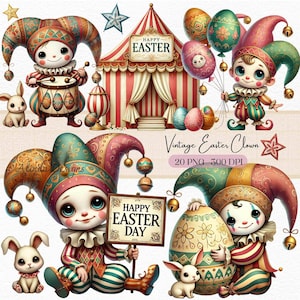 Imágenes prediseñadas de payaso de Pascua vintage, ilustraciones extravagantes de Pascua, tarjetas y decoración navideña, divertidas manualidades con temática de circo, arte mural