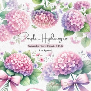 Clipart aquarelle hortensia violet, illustrations florales, faire-part de mariage, cartes postales, scrapbooking, projets de bricolage, pour la décoration de la maison, cadeaux