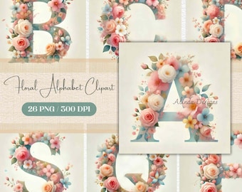 Watercolor Floral Alphabet Clipart: Flower Monogram PNG Digital Download