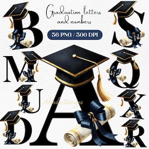 Abschluss-Alphabet PNG, Schwarzgold-Kappe & Schriftrolle Clipart, Abschluss-Zahlen, Abschlussjahr-Sublimation, Klasse von 2024, Sublimation auf Hemden