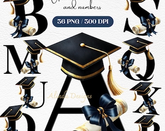 Alphabet PNG de remise des diplômes, casquette en or noir et clipart de défilement, numéros de remise des diplômes, sublimation année secondaire, promotion 2024, sublimation sur chemises