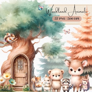 Clipart aquarelle animaux de la forêt, illustrations d'animaux de la forêt, jolies créatures de la forêt, oeuvre d'art pour chambre d'enfant, scrapbooking et fabrication de cartes, PNG