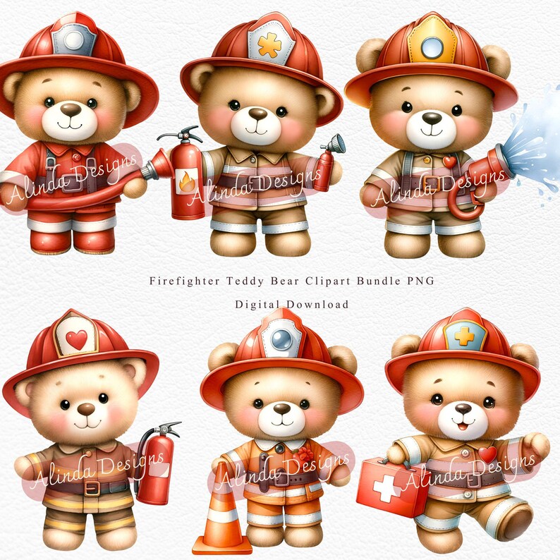Firefighter Teddy Bear Clipart Bundle PNG, Cute Fireman Bear, Fire Station Clipart, Fire Truck, Kids Firefighter, Baby Boy Birthday, Fire Truck Birthday Party Decorations, Classroom Activities, Sublimation Projects