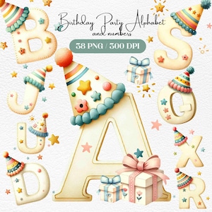 Geburtstagsparty Alphabet und Zahlen Clipart, festliche A-Z Buchstaben & Zahlen 0-9, Einladungen, Party Dekor, Geburtstag Clipart, süße Zahlen PNG