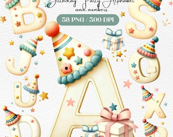 May include: A set of 38 watercolor-style birthday party alphabet and number clipart images. The letters are in a cream color with a party hat on top and a gift box at the bottom. The letters are decorated with stars and flowers. The background is white.
