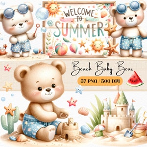 Ensemble de cliparts plage bébé ours, illustrations d'animaux mignons d'été, téléchargement numérique pour scrapbooking, projets de bricolage et invitations, heure d'été
