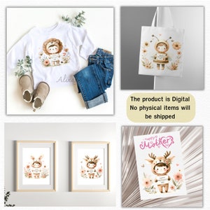 May include: Digital download of a Mother's Day printable featuring a cute cartoon animal wearing a flower crown and holding a sign that says "Happy Mother's Day". The design is in a watercolor style with pink and white flowers.