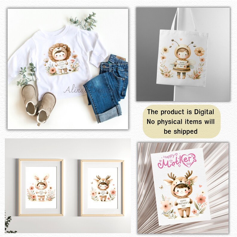 May include: Digital download of a Mother's Day printable featuring a cute cartoon animal wearing a flower crown and holding a sign that says "Happy Mother's Day". The design is in a watercolor style with pink and white flowers.