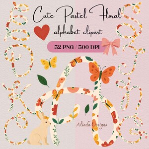 Letras florales del alfabeto PNG, linda fuente pastel con mariposas y conejito, juego de letras para niños, decoración de pared para guardería, tarjetas de felicitación