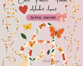 Floral Alphabet PNG Clipart: Pastel Bunny Letters Digital Download