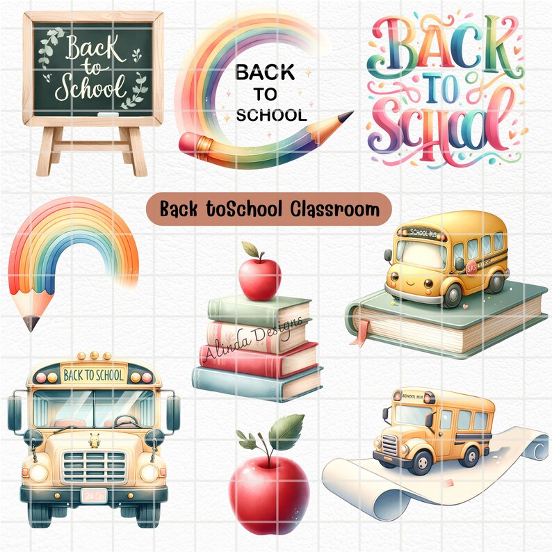 May include: Back to school classroom clipart set featuring a rainbow, a pencil, a stack of books with an apple on top, a school bus, and the words "Back to School" in colorful lettering.