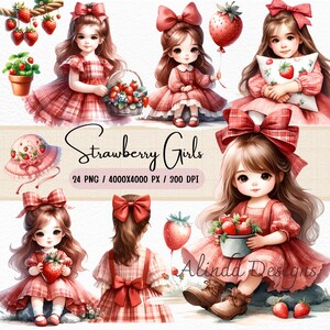 Clipart filles aux fraises, jolies illustrations numériques sur le thème des baies pour le scrapbooking, invitations à des fêtes, créations DIY, graphiques de petite fille, PNG