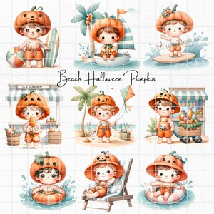 Beach Halloween Pumpkin Clipart: Tropical Coastal Art (PNG Digital Download) image 5