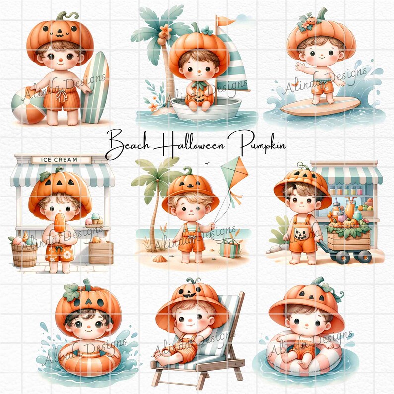 Beach Halloween Pumpkin Clipart: Tropical Coastal Art (PNG Digital Download) image 5