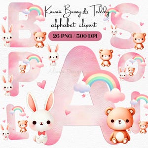 Niedliches Pastell Alphabet Clipart, Kawaii Häschen & Teddy Rosa Buchstaben PNG, Kinderparty lädt ein, Kinderzimmerdekor und Basteln, Babypartydesigns
