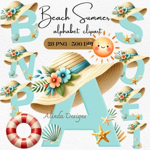 Alfabeto de verano de playa, letra tropical PNG con sombrero y conchas, invitaciones de cumpleaños de verano, decoraciones para fiestas en la playa, sublimación