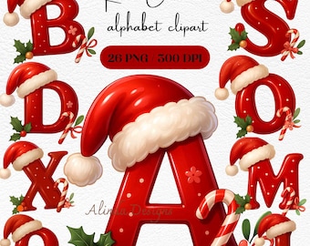 May include: A collection of red Christmas alphabet clipart letters, each adorned with a Santa hat. The letters are decorated with holly, candy canes, and small white dots. The image includes the text "Red Christmas alphabet clipart".