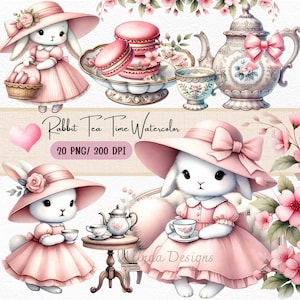 Kaninchen Tea Time Aquarell Clipart, Kaninchen Illustrationen, Kinderzimmer Dekor, Einladungen, Babyparty, Ostern PNG, Porzellan Teekanne Clipart, DIY