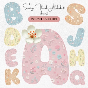 Clipart de alfabeto floral de primavera, conjunto de letras pastel, letras pastel com flor, decoração de berçário, alfabeto de dia dos namorados, arquivo 27 PNG, scrapbooking