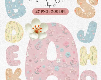 Floral Alphabet Clipart: Pastel Spring Letters (27 PNG File)