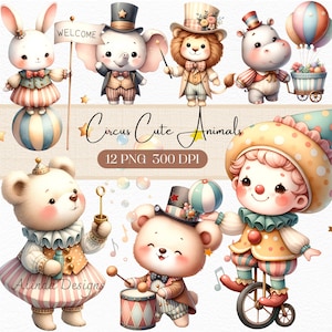 Imágenes prediseñadas de animales de circo adorables, lindos archivos PNG para invitaciones, álbumes de recortes, descarga digital, imágenes prediseñadas de circo, imágenes prediseñadas de acuarela de circo,