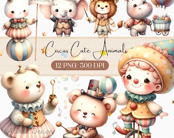 Puede incluir: Un conjunto de 12 ilustraciones digitales de animales de circo lindos. Los animales están vestidos con trajes coloridos y realizan varios actos de circo. Las ilustraciones están en formato PNG y tienen una resolución de 300 DPI. El texto "Circus Cute Animals" y "12 PNG 300 DPI" está incluido en la imagen.