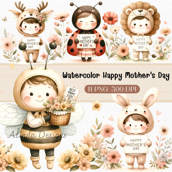 Watercolor Mother's Day Clipart: Floral Greeting Card Design (Digital Download)