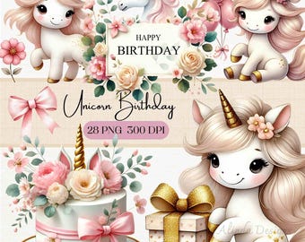 Unicorn Birthday Clipart: Pastel Party Designs (PNG Digital Download)